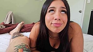 Latina step sis excitedly shows college skills with cum on tits.