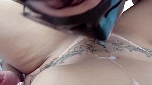 Watch my tanned husband clean my creampie pussy in humiliating homemade slave action.