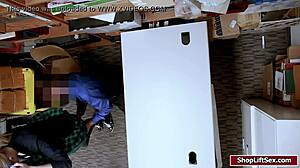 shoplifter gets her shaved pussy banged by group