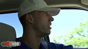 Skinny short-haired teen 18+ takes huge cock deepthroat and facial