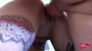 Unusual threesome with virgin Eva involving deepthroat, blowjob, bent over doggystyle, and group hardcore action