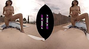 The young Latina nympho enters the pool horny and wants outdoor POV sex.