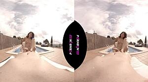 The young Latina nympho enters the pool horny and wants outdoor POV sex.