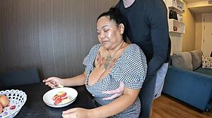 Hey, wanna see this busty Asian breastfeeding while giving an explosive handjob? Interracial action awaits!