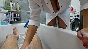 Stepmom helps wash naked stepson while ignoring his excitement