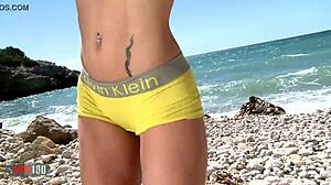 Pornstar brunette mya lorenn dancing and stripping on the beach, feeling so horny and free