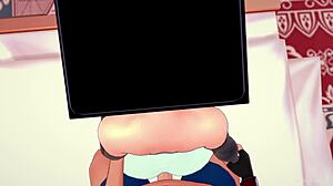 The sweet TV woman rides cowgirl in uncensored hentai 3D parody, shaved pussy on display in toilet scene