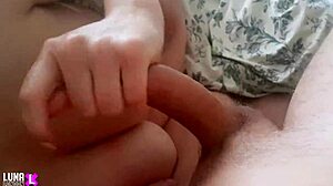 Morning handjob before work, cum on big boobs in homemade video!