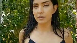 she's presenting her beautiful latina body in the forest