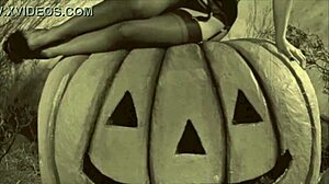 Vintage Halloween porn with hairy pussy in retro style