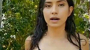 she's presenting her beautiful latina body in the forest