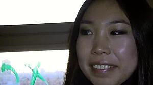 Young asian sucks dick in the ass and gives blowjob in public outdoor pickup