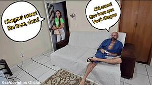 Blindfolded skinny old wife rests while husband's friend hides in wardrobe for cuckold fetish