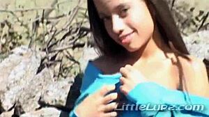 young colombian brunette little lupe performs striptease and masturbates in outdoor setting