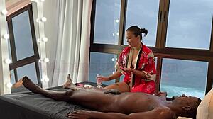 Asian masseuse gives relaxing massage to big black guy who cums inside Latina's pussy - Lina Nakamura