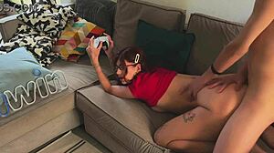 Petite gamer girl feels overwhelmed by fat cock during anal sex.