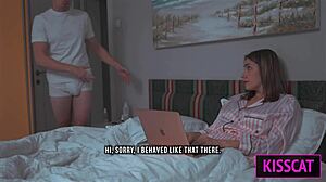 Step Son Distracts Step Mom from Work for a Wild Handjob in Shared Bed