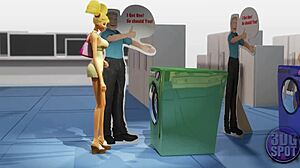 Two busty lesbians passionately try double dildo in a public store