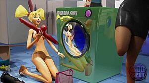 Two busty lesbians passionately try double dildo in a public store