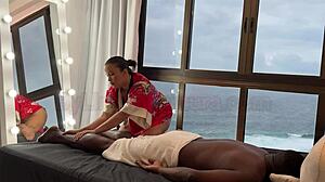 Asian masseuse gives relaxing massage to big black guy who cums inside Latina's pussy - Lina Nakamura