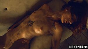 Horrorporn beast from woods in rough bondage threesome blowjob