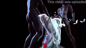 Two big black cocks fuck a big-boobed chick in 3D. Intriguing contrast?