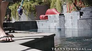 Sensual Shemale Natalie Mars Seduces Big Dick Pool Guy with Anal Sucking