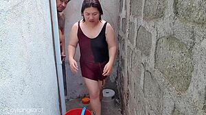 Filipina Caught Bathing Outside House, Gets Fucked Hard in Wet Pussy