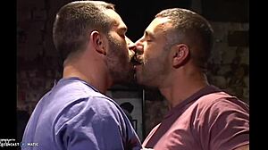 Gay men spitting and kissing intensely