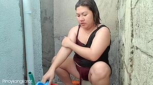 Filipina Caught Bathing Outside House, Gets Fucked Hard in Wet Pussy
