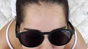 debora performs a deep throat blowjob outdoors