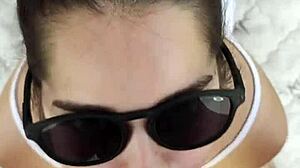 debora performs a deep throat blowjob outdoors