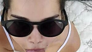 debora performs a deep throat blowjob outdoors