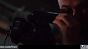 handsome guy jerks off watching two muscular men fuck roughly sideways.