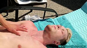 Emotional blowjob leads to cum facial on muscular gay athlete outdoors
