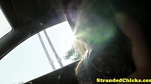 Brunette hitchhiker flashes tits outdoors