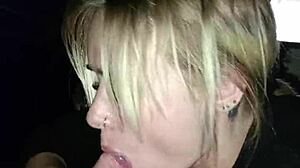 sexy girl sucks dick at the back of the truck in the city center