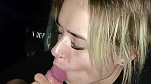 sexy girl sucks dick at the back of the truck in the city center