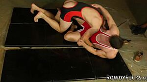 In the wrestling ring, the gay jock fights and then rides dick bareback, cumming hard