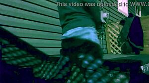 Time lapse stop frame stretch against steps at night with lattice shadow ass and legs effect