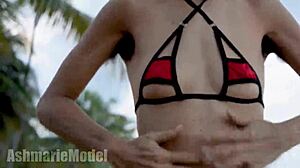 Hairy Micro Bikini Try-On Flashing Pussy in Public Spot