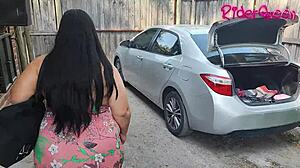 stepmom cougar seduces young 18+ man outdoors in the car, showing off her big tits and curvy body