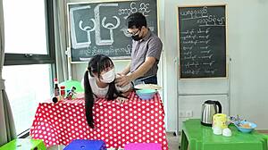 Asian teen 18+ licks pussy in homemade store fuck 😍