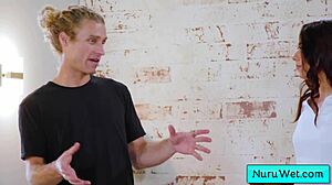 Brunette masseuse Sophia Burns strips for wet nuru massage with Michael Vegas