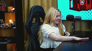 A branquinha from viamms poses on podcast table for show.