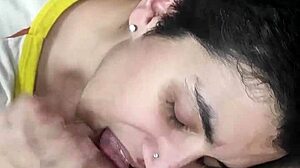 Licking cum from fingers in quickie blowjob and cumplay session.