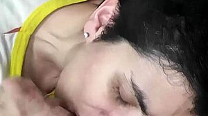 Licking cum from fingers in quickie blowjob and cumplay session.