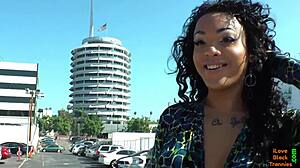 I watch this gorgeous ebony tranny masturbate her pierced cock solo