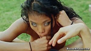 Nia Nacci intriguingly shows deepthroat skills swallowing big white cock in outdoor interracial scenes