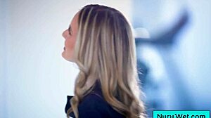 Blonde teen masseuse prepares client for nuru massage with Lauren Phillips and David Lee